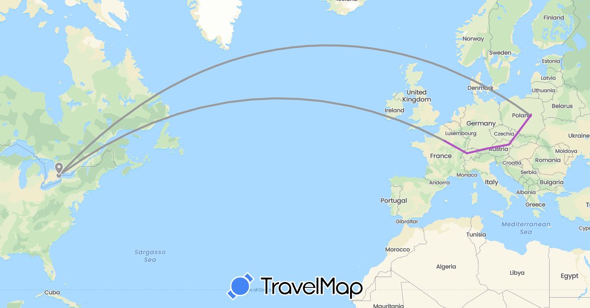 TravelMap itinerary: plane, train, hiking in Austria, Canada, Switzerland, France, Poland (Europe, North America)
